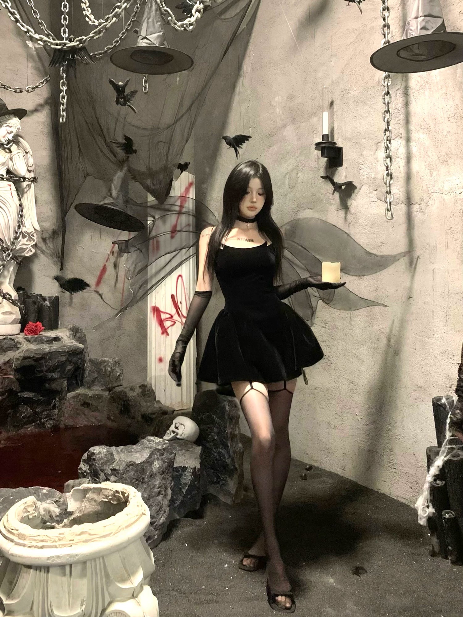 Devil’s Kiss Strapless Velvet Puff Dress