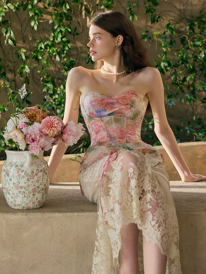 Romantic Oil-Paint Lace Corset Top &amp; Skirt Set