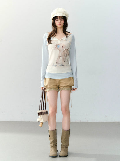 Khaki Lyocell Lace-Trim Tie Lantern Shorts