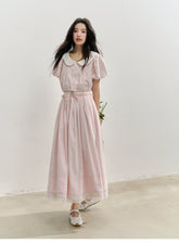Pink Doll Collar Cropped Shirt & Skirt Set - CHINASQUAD