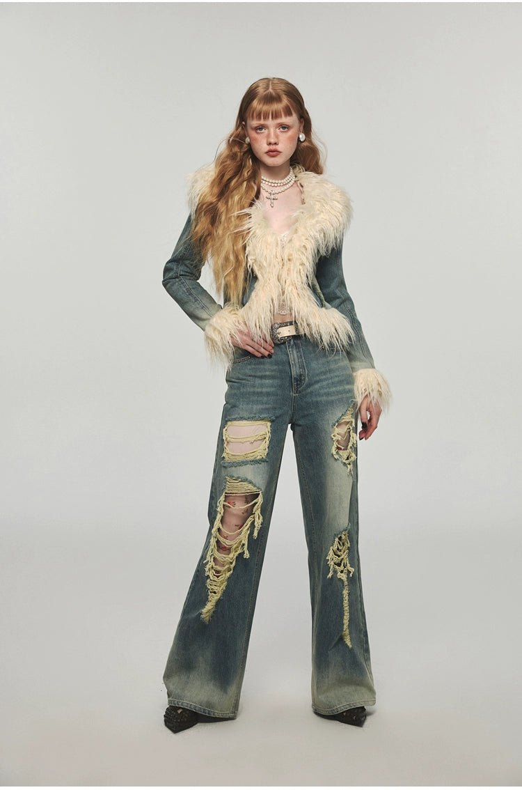 Denim Distressed Wide-Leg Pants - CHINASQUAD