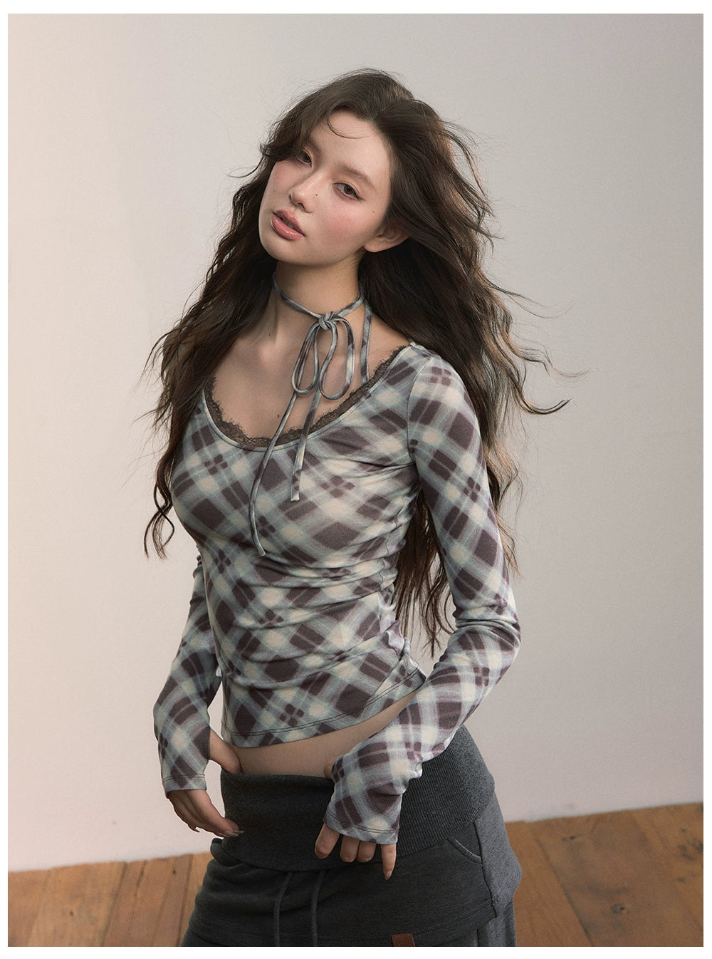 Halter Tie Plaid Long Sleeve T-Shirt