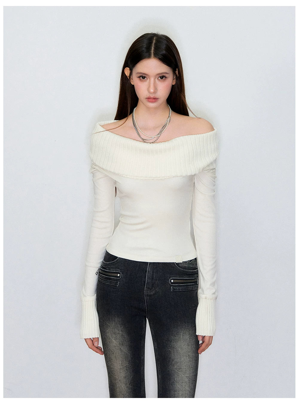 Draped Cowl-Neck Patchwork Knit Sweater