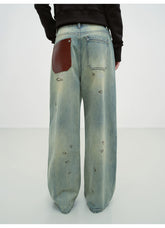 Vintage Burnt-Edge Printed Washed Denim Pants - CHINASQUAD