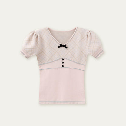 Vintage Preppy Plaid Knit Short Sleeve Tee