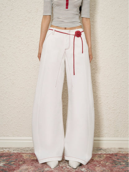 Rose Belt Contrast-Stitch Curved Jeans