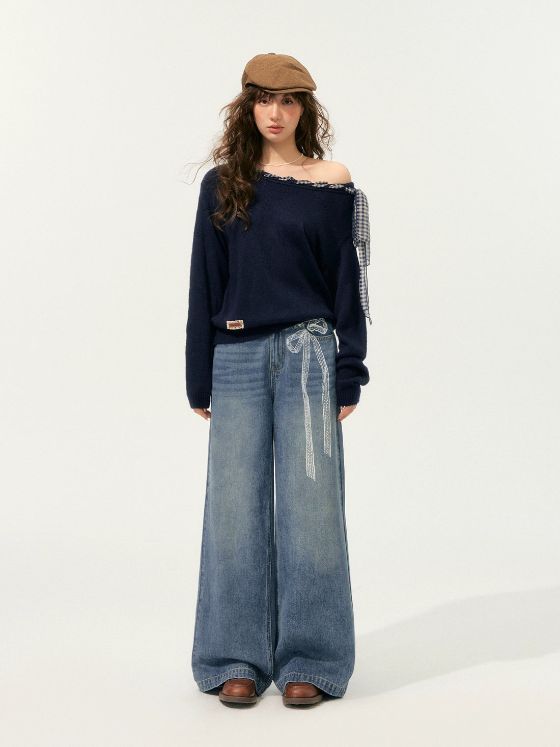 Tie-Up Off-Shoulder Knit Crewneck