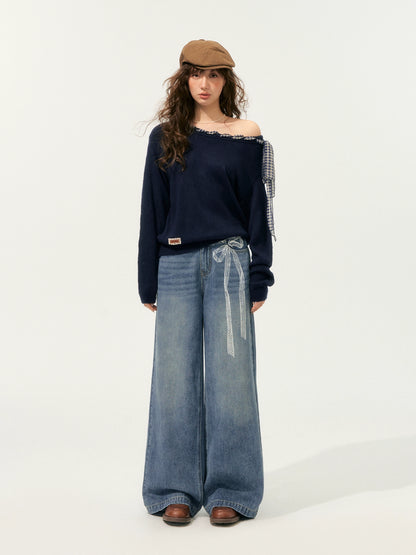 Tie-Up Off-Shoulder Knit Crewneck