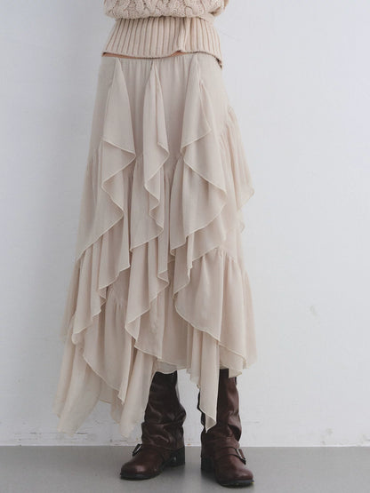 Asymmetric Ruffle Hem Chiffon Midi Skirt