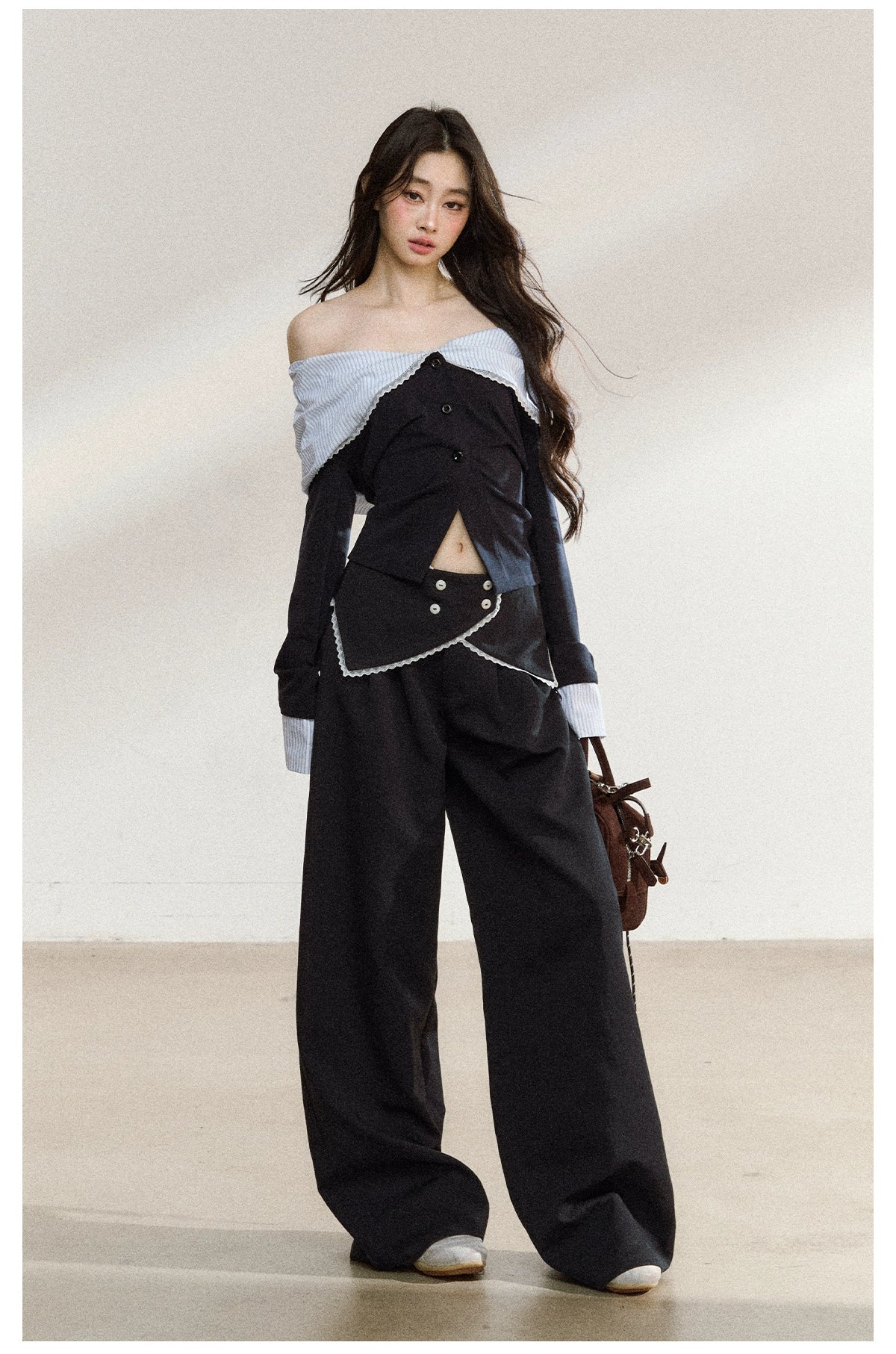 Off-Shoulder Striped Lapel Blouse &amp; Pants Set