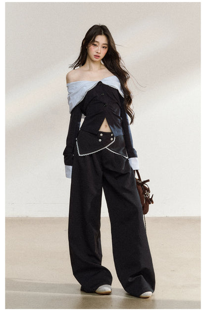 Off-Shoulder Striped Lapel Blouse &amp; Pants Set