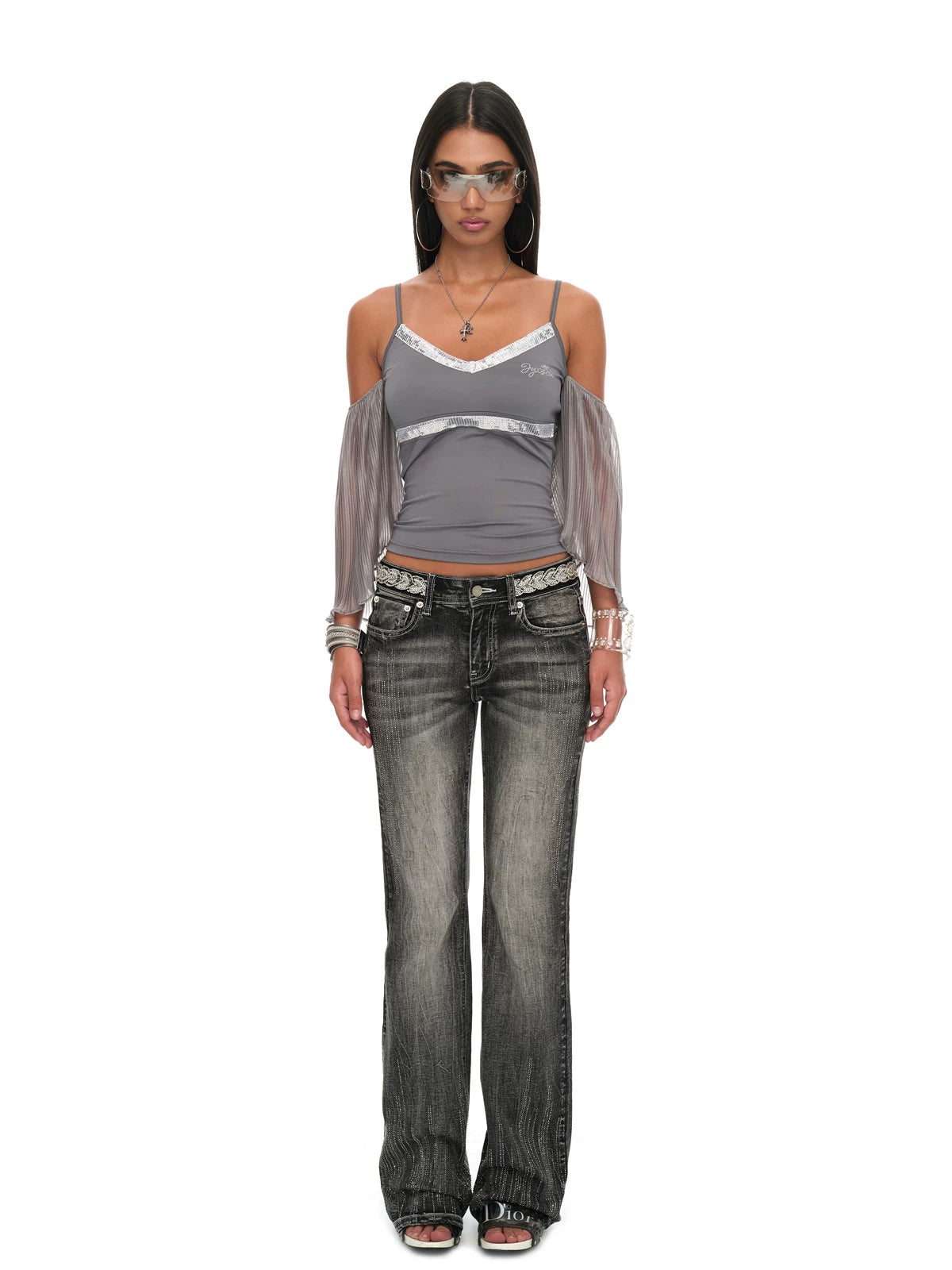 Grey Sequin-Trim V-Neck Pleated Sleeve Camisole