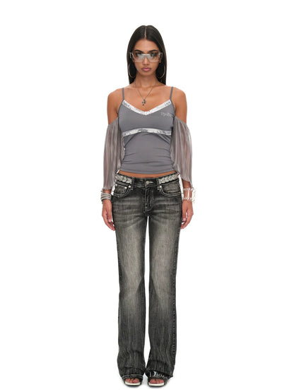 Grey Sequin-Trim V-Neck Pleated Sleeve Camisole
