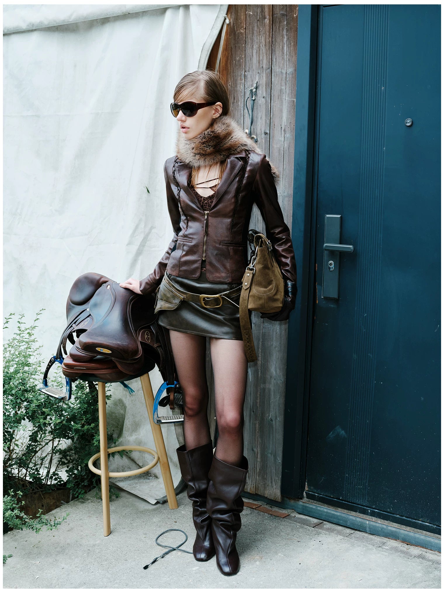 Fur-Collar Printed Leather Suit Set