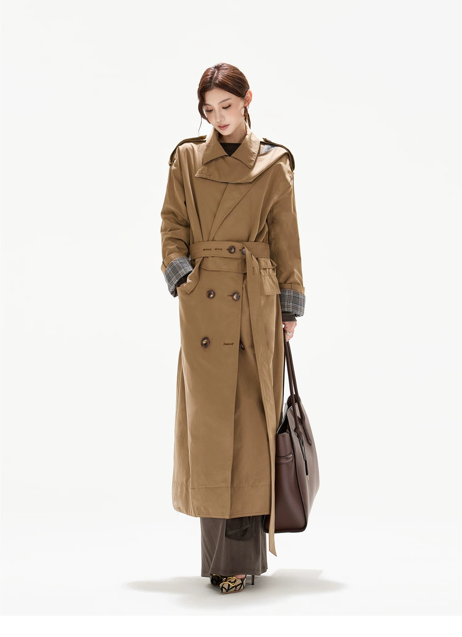 Double-Breasted Check-Panel Trench Coat