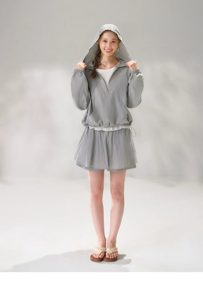 Hooded Drawstring Sun-Protective Jacket &amp; A-Line Skirt Set