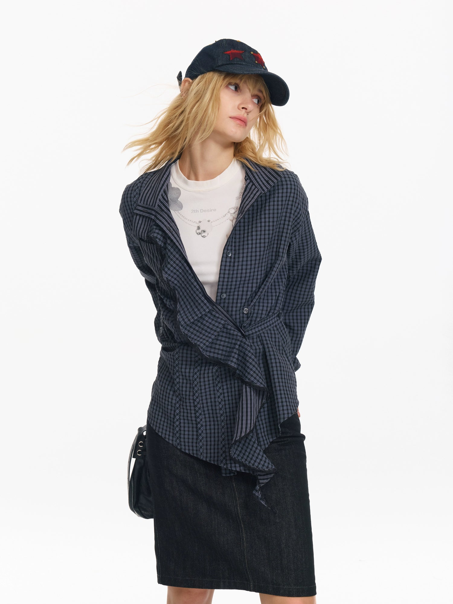 Embroidered Plaid Ruffle-Edge Shirt