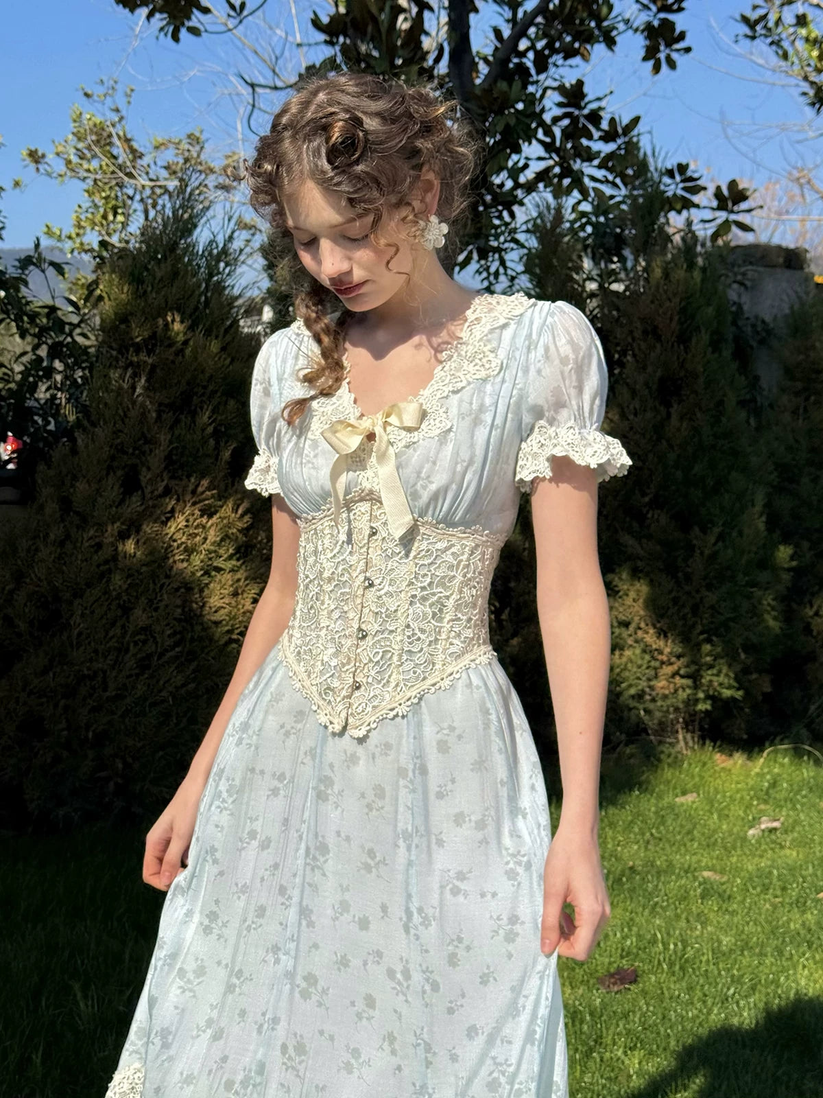 Fresh Baby Blue Lace Short-Sleeve Dress