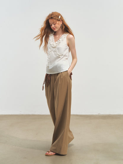 French Ruffle Lace Knotted Flower V-neck Top - CHINASQUAD