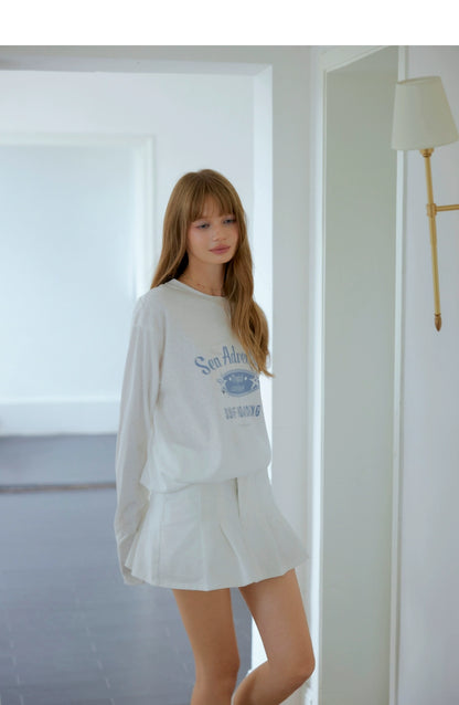 White Letter Print Round Neck Long Sleeve T-shirt