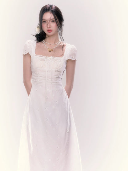 Lace Puff Sleeve Cinched Waist Long Dress - CHINASQUAD