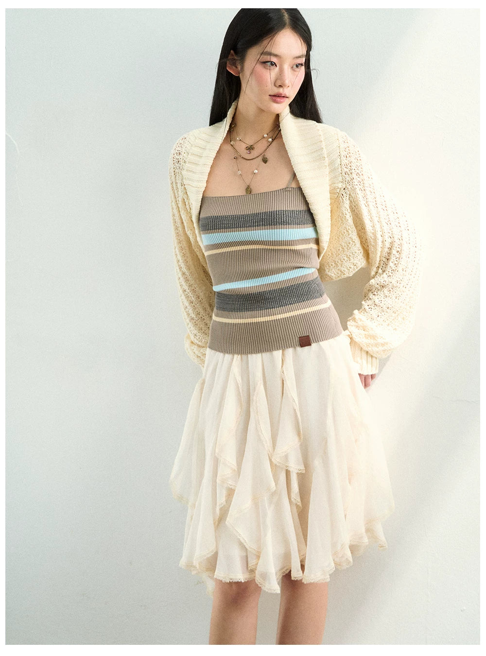 Knit Cardigan &amp; Striped Camisole Two-Piece Set