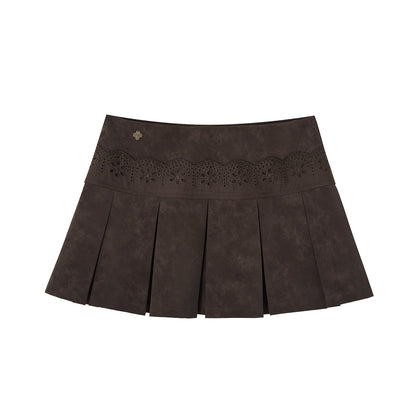 Lace-Trimmed Velvet Pleated Faux Leather Mini Skirt