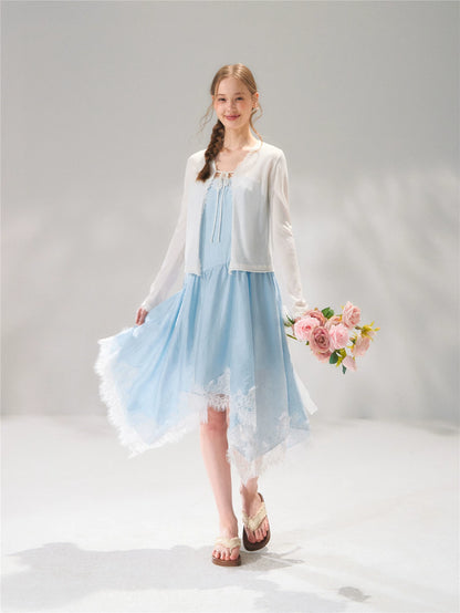 Asymmetric Lace-Trim Slip Midi Dress