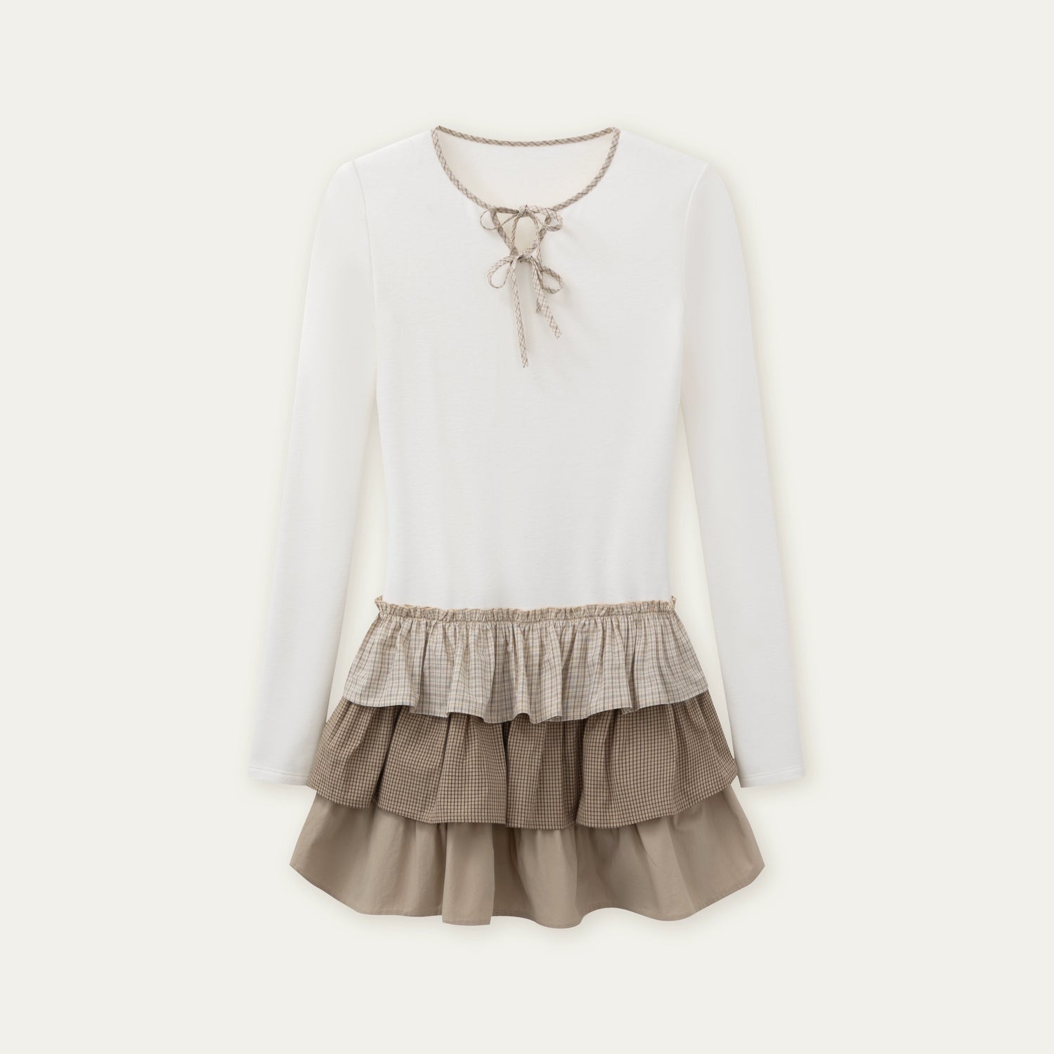 Layered Knit Plaid Tiered Puff Dress