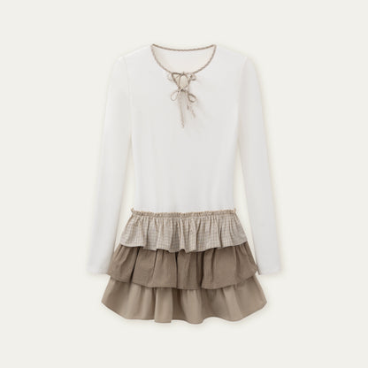 Layered Knit Plaid Tiered Puff Dress