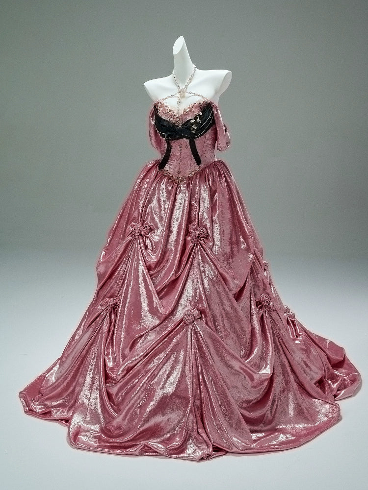 Mali Couture Satin Off-Shoulder Gown with Black Corset