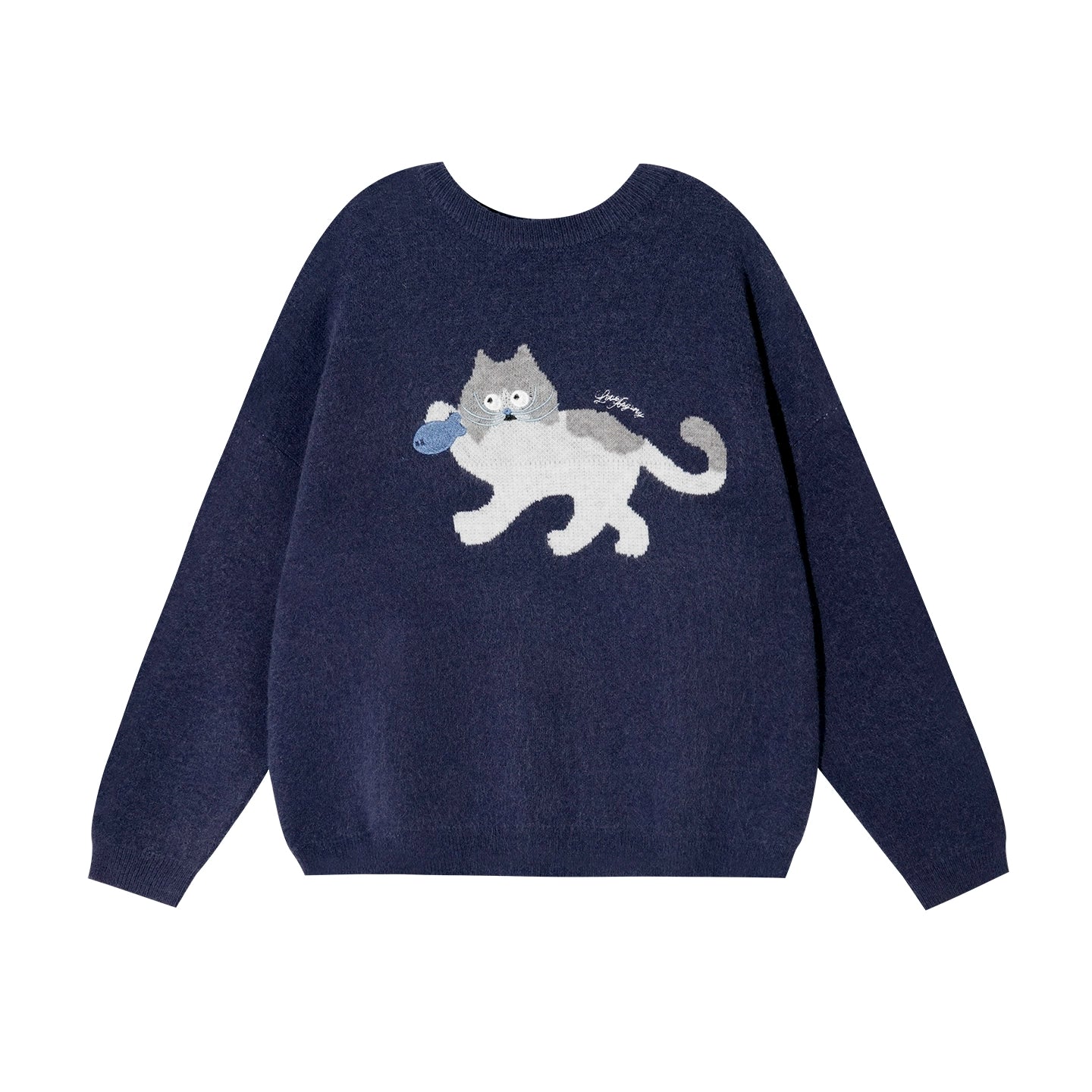 Cat Jacquard Embroidered Knit Sweater