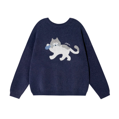Cat Jacquard Embroidered Knit Sweater
