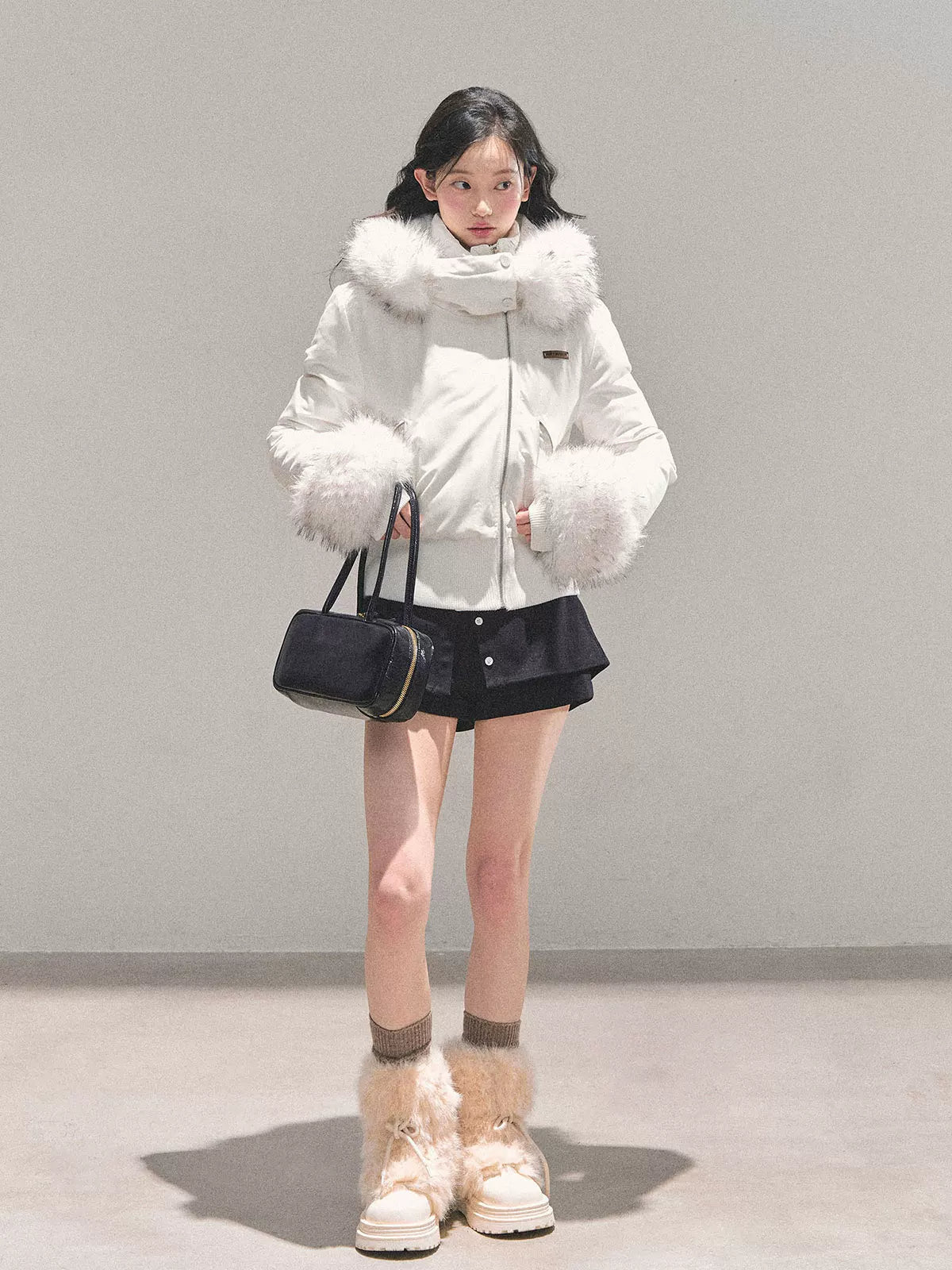 Faux Fur White Duck Down Puffer Jacket