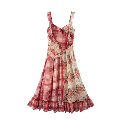 Red Plaid Rose Floral Dress