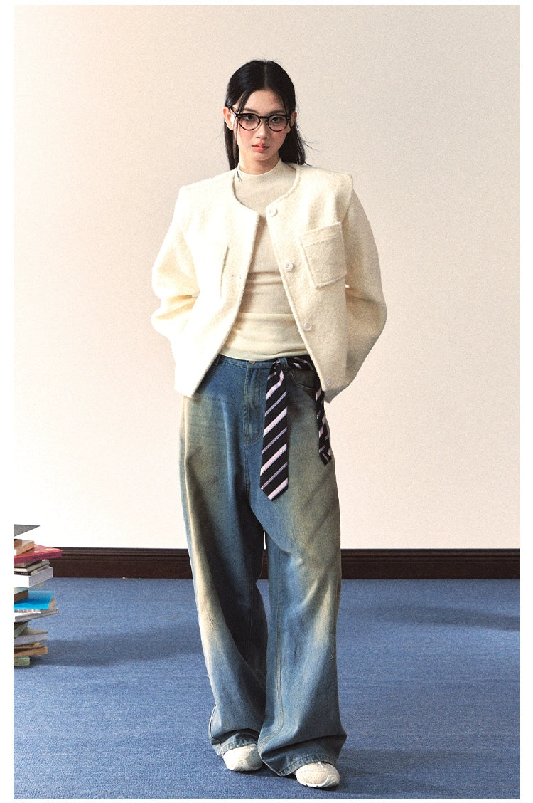 White Crewneck Elegant Chanel-Style Jacket