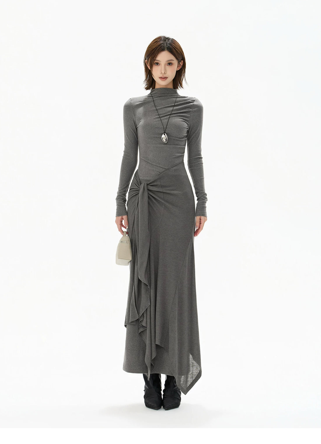 Half-High Neck Tie-Detail Knit Maxi Dress