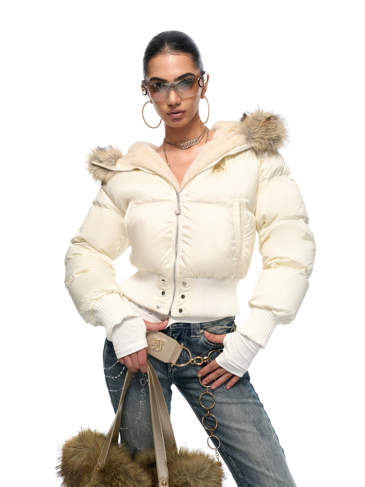 Vintage Waist-Cinched Cropped Down Jacket