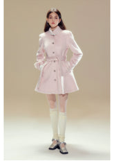 Pink Wool Lace Trim Waist Belted Coat - CHINASQUAD