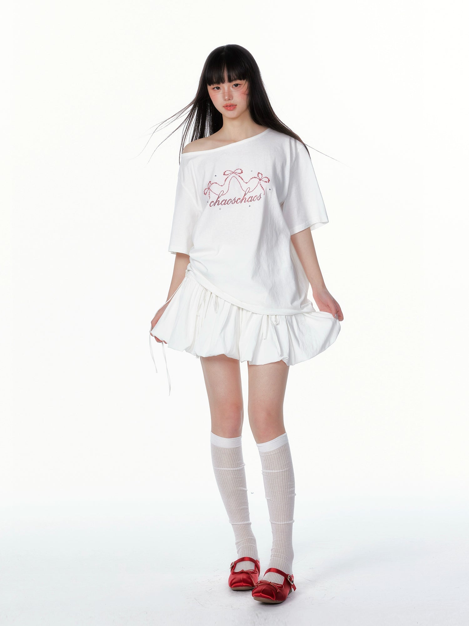 Asymmetric Bow &amp; Pearl Off-Shoulder T-Shirt