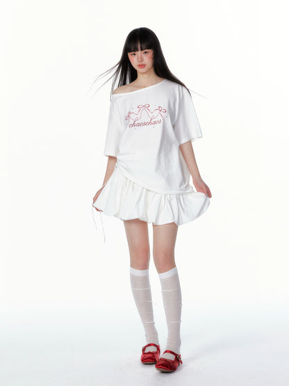 Asymmetric Bow &amp; Pearl Off-Shoulder T-Shirt