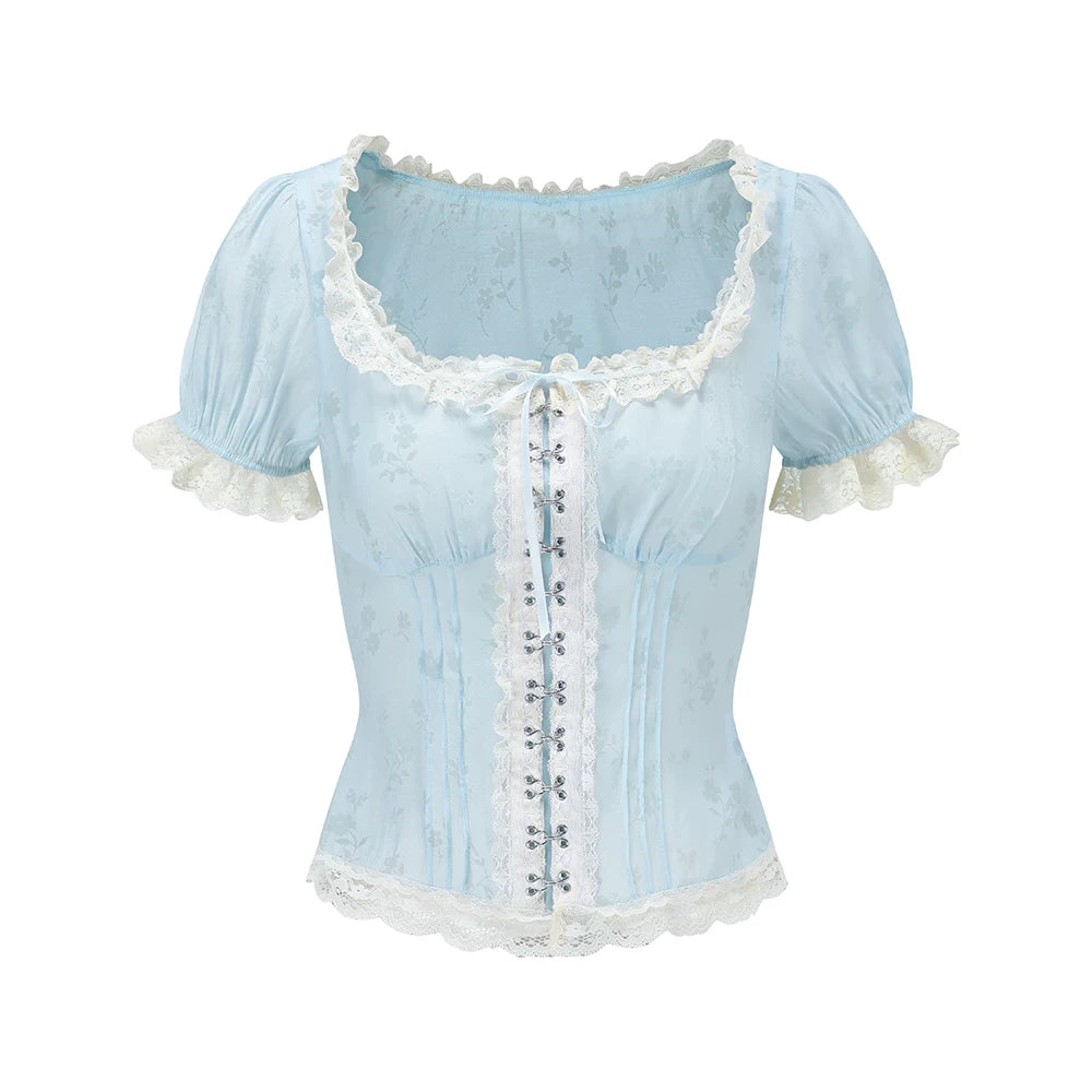 Fresh Baby Blue Lace Short-Sleeve Dress