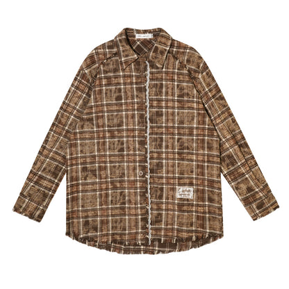 Oversized Lace-Trim Patchwork Plaid Shirt