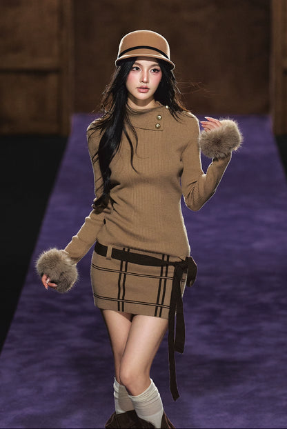 Faux Fur Cuff High-Neck Knit Dress