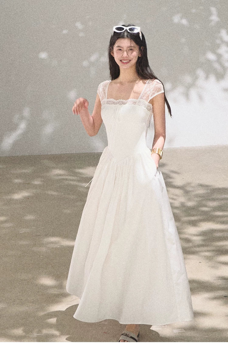 Lace-Spliced Cinched-Waist Vacation Camisole Dress