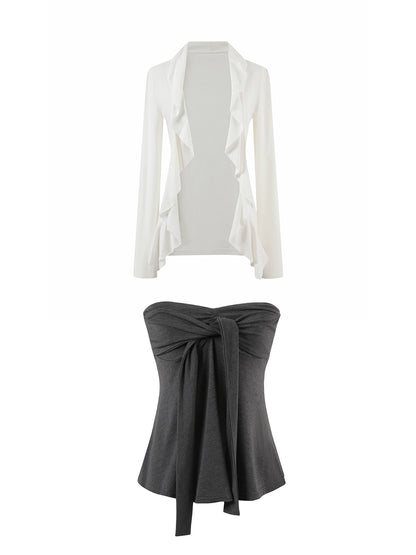 Layered Ruffle-Edge Cardigan &amp; Tube Top Set