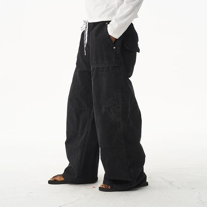Vintage Washed Embroidered Workwear Baggy Pants