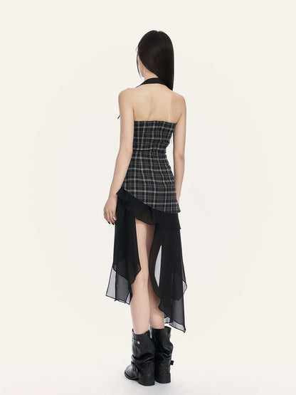 Romantic Asymmetric Ruffle Halter Plaid Bustier