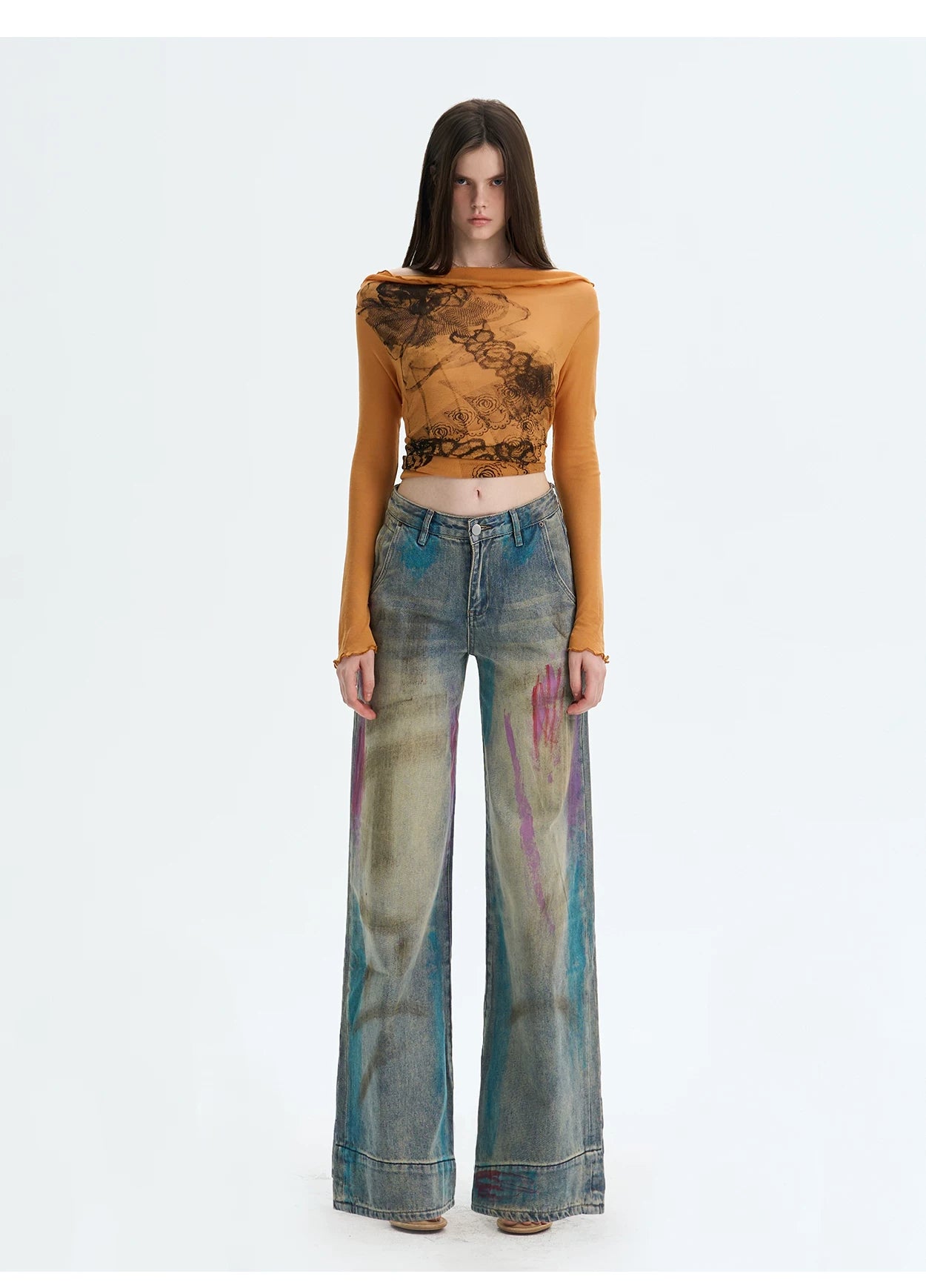 Washed Blue Graffiti Straight-Leg Denim Jeans