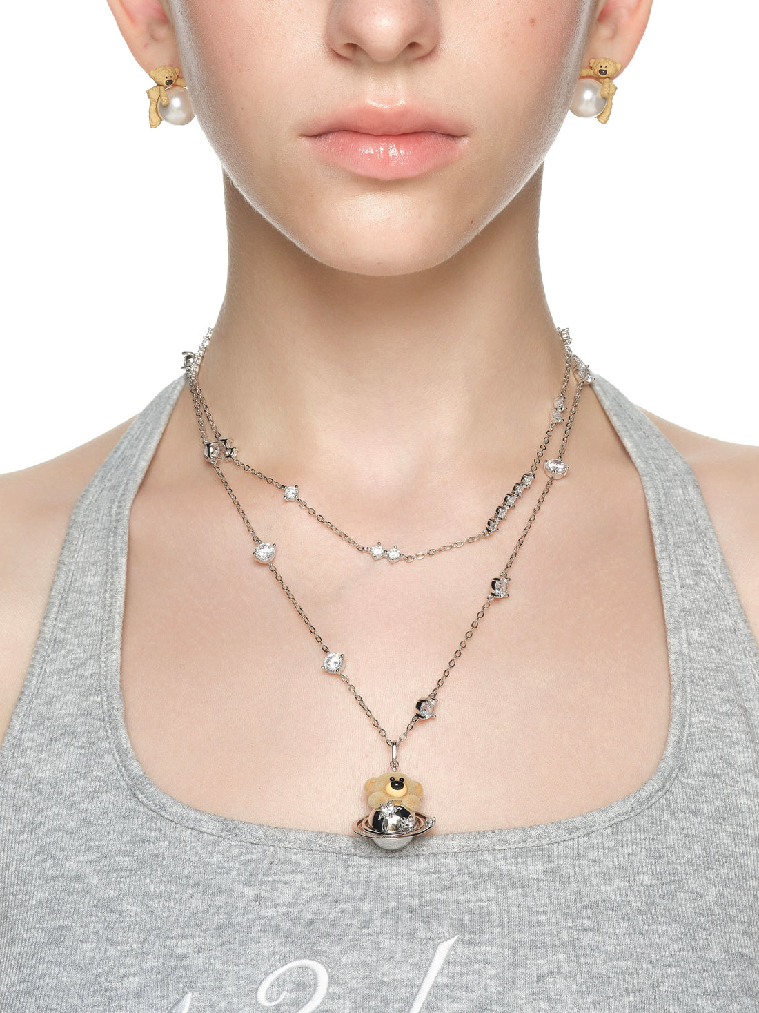 Flocked Bear Double Layer Necklace